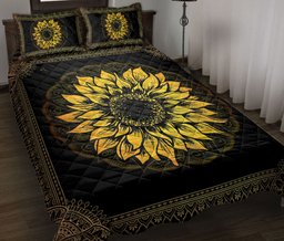 Sunflower Quilt Bedding Set, Yellow Sunflower Mandala Floral Leaf Quilt Blanket With Pillowcases, Duvet Cover Set