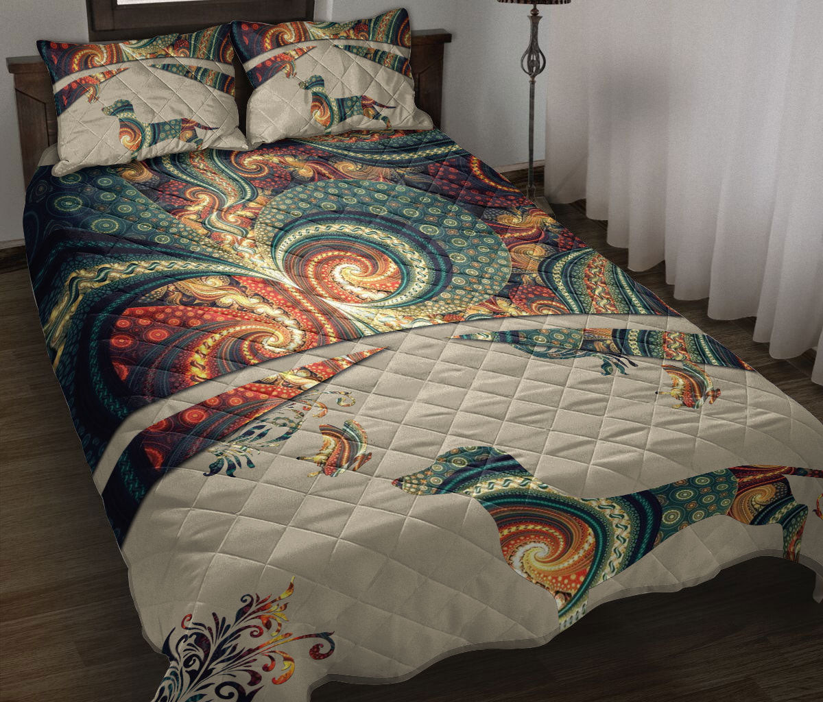 Dachshund Quilt Bedding Set, Dachshund Weiner Doxie Dog Mandala Flower Floral Quilt Blanket With Pillowcases, Duvet Cover Set