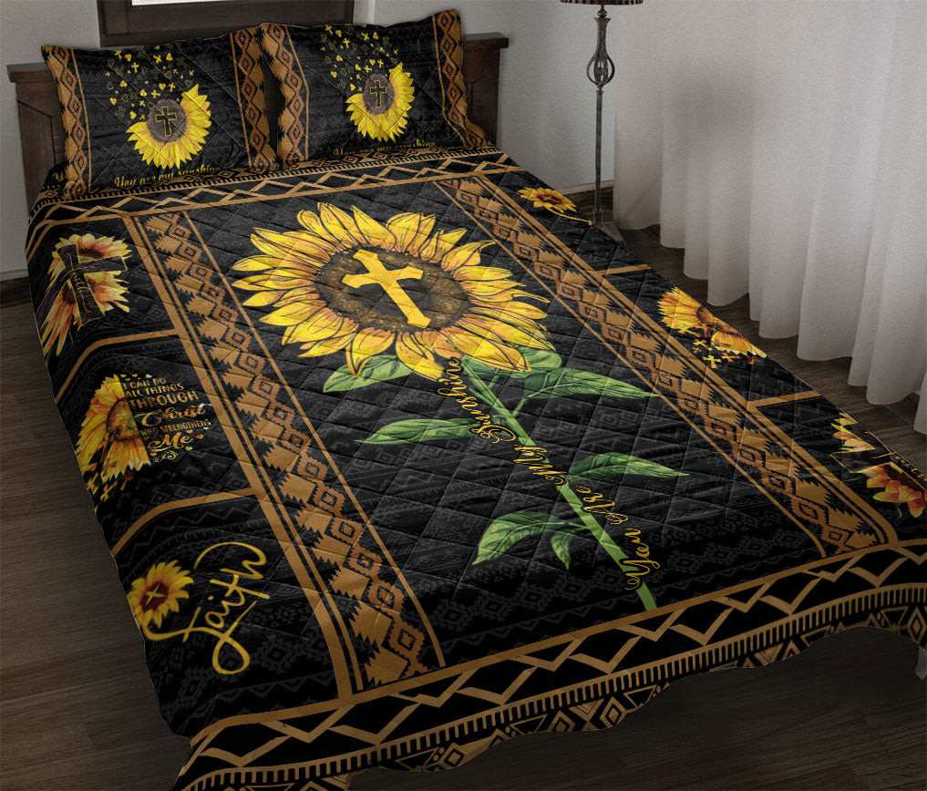 Quilt Bedding Set, You Are My Sunshine Sunflower JesusCross Patchwork Faithian Quilt Blanket With Pillowcases, Duvet Cover Set
