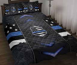 Police Quilt Bedding Set, Police Badge Us Thin Blue Line Black Quilt Blanket With Pillowcases, Duvet Cover Set