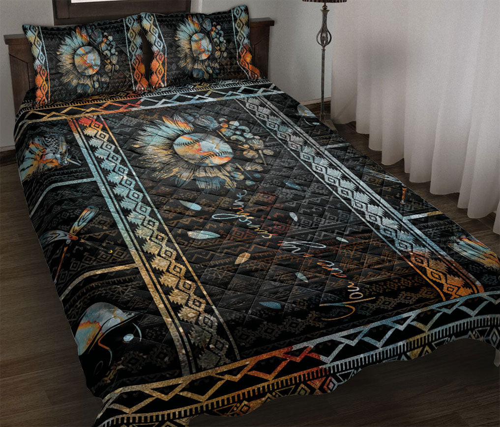 Softball Quilt Bedding Set, Patchwork Sunflower Baseball Softball Player Quilt Blanket With Pillowcases, Duvet Cover Set