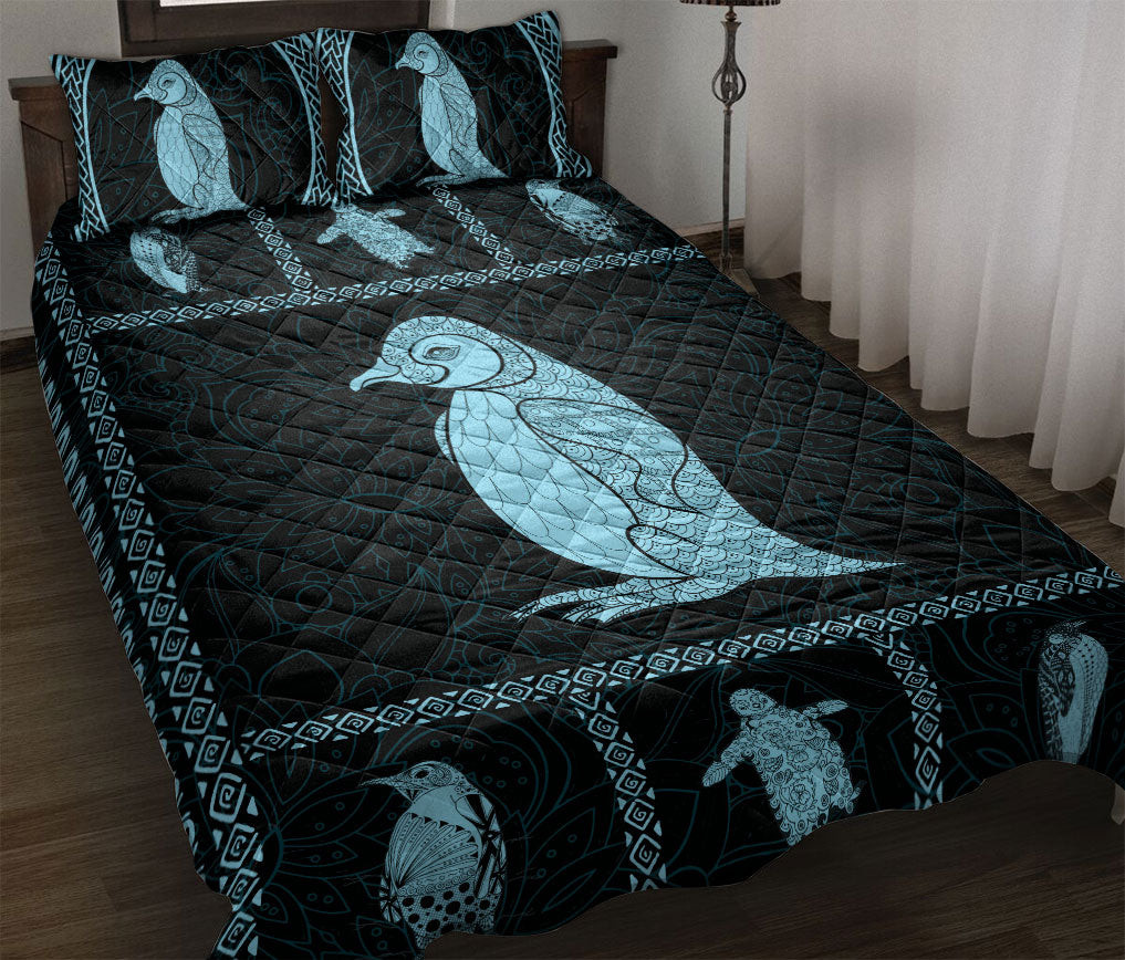 Quilt Bedding Set, Mandala Patchwork Penguin Blue Black Quilt Blanket With Pillowcases, Duvet Cover Set