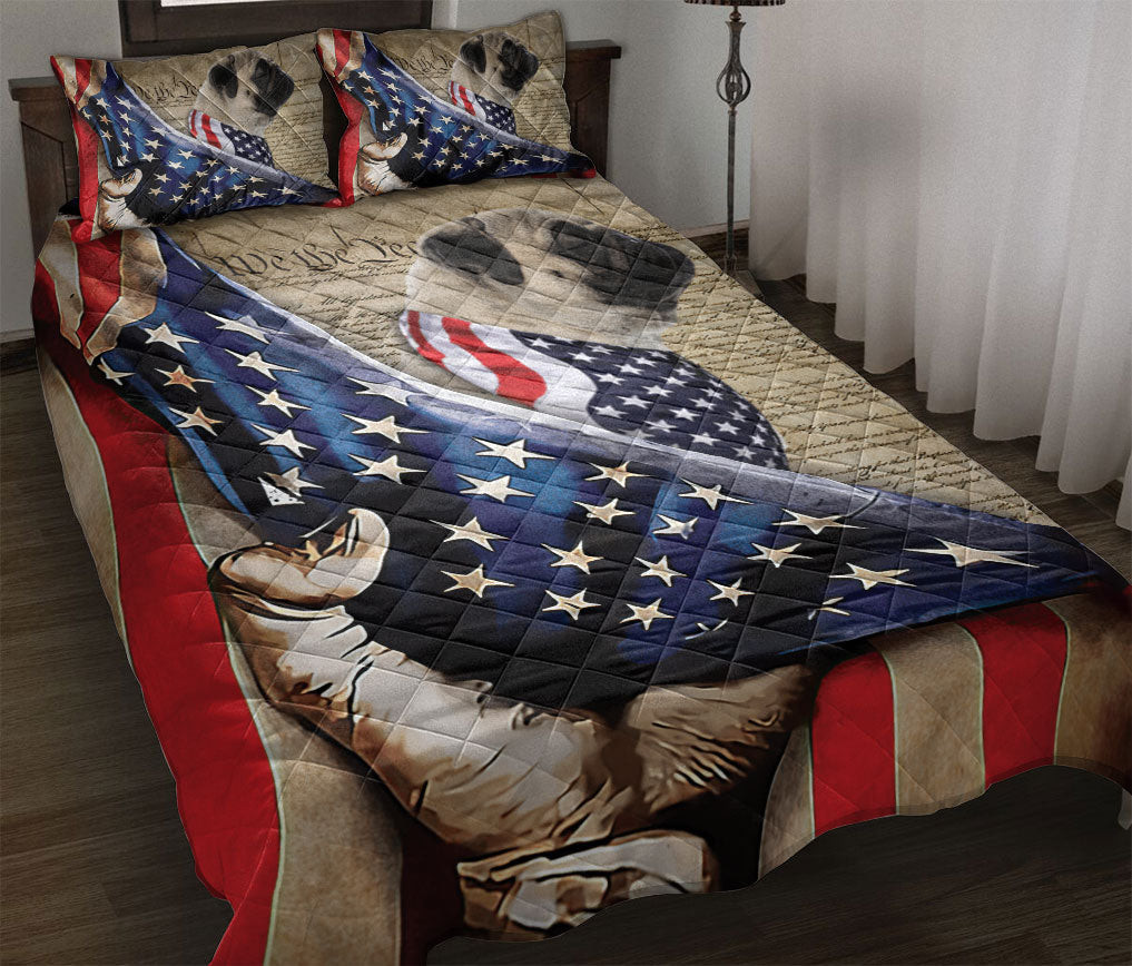 Pug Quilt Bedding Set, Pug Patriotic Dog American History Us Flag We The People Quilt Blanket With Pillowcases, Duvet Cover Set