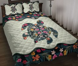 Turtle Quilt Bedding Set, Tropical Flower Floral Sea Turtle Style Quilt Blanket With Pillowcases, Duvet Cover Set