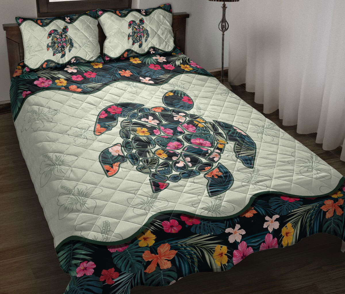 Turtle Quilt Bedding Set, Tropical Flower Floral Sea Turtle Style Quilt Blanket With Pillowcases, Duvet Cover Set