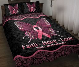 Breast Cancer Quilt Bedding Set, Faith Hope Love Pink Butterfly Breast Cancer Awareness Black Quilt Blanket With Pillowcases, Duvet Cover Set