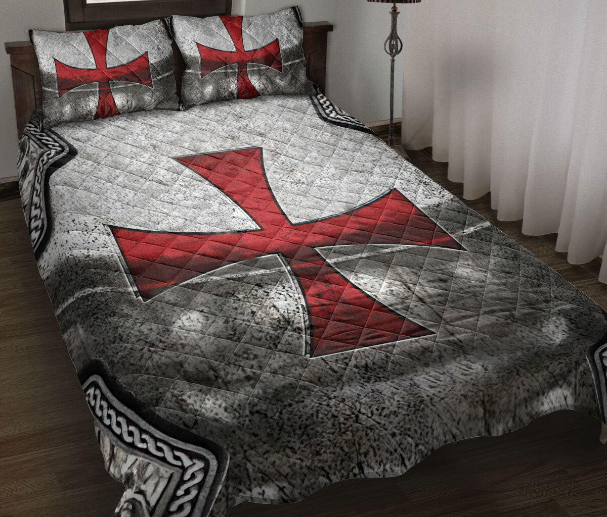 Knights Templar Quilt Bedding Set, Knights Templar Armor Shield Quilt Blanket With Pillowcases, Duvet Cover Set
