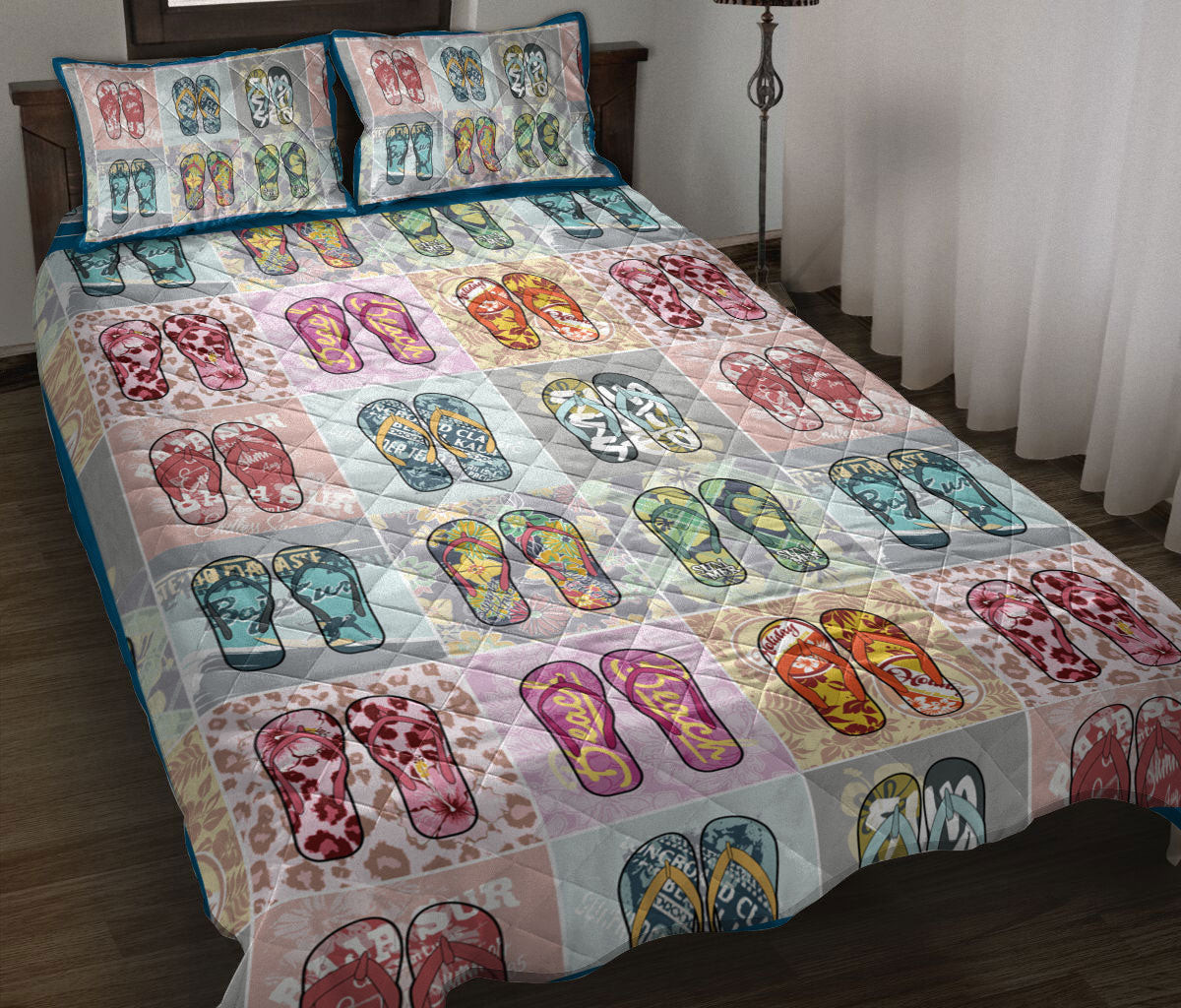 Ocean Quilt Bedding Set, Beach Flip Flops Ocean Beach Sea Patchwork Quilt Blanket With Pillowcases, Duvet Cover Set