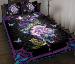 Turtle Quilt Bedding Set, Turtle & Purple Flower Floral Quilt Blanket With Pillowcases, Duvet Cover Set