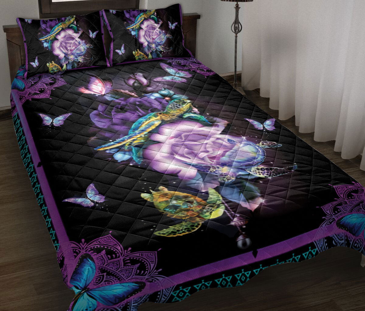 Turtle Quilt Bedding Set, Turtle & Purple Flower Floral Quilt Blanket With Pillowcases, Duvet Cover Set