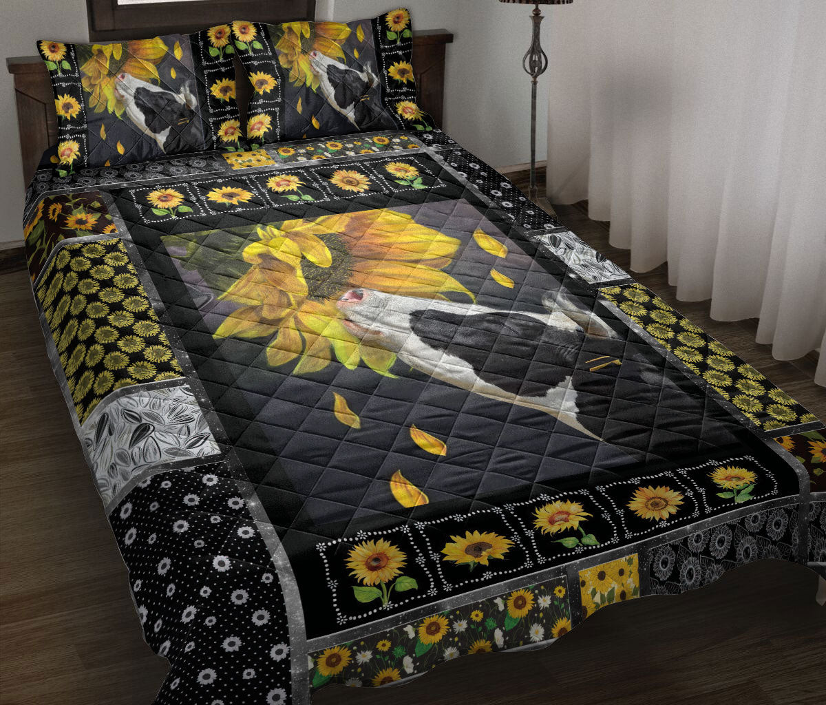 Cattle Quilt Bedding Set, Dairy Cow Cattle Sunflower Yellow Floral Patchwork Quilt Blanket With Pillowcases, Duvet Cover Set