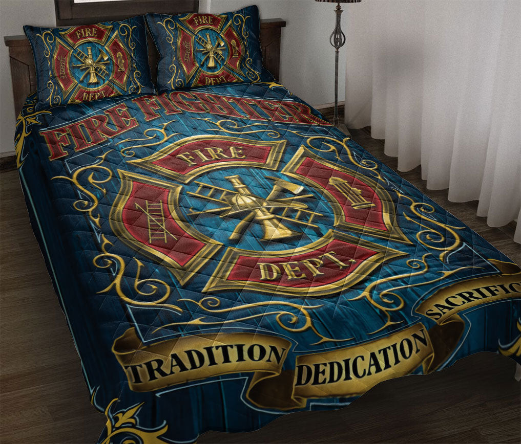 Firefighter Quilt Bedding Set, Firefighter Badge Blue Quilt Blanket With Pillowcases, Duvet Cover Set