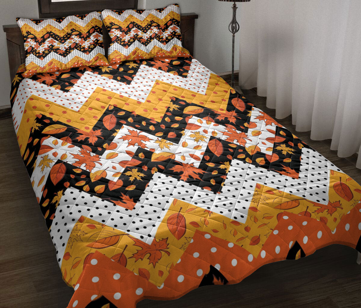 Quilt Bedding Set, Autumn Patchwork Falling Leaves Polka Dot Chevron Autumn Harves Leaves Quilt Blanket With Pillowcases, Duvet Cover Set, Autumn Gift