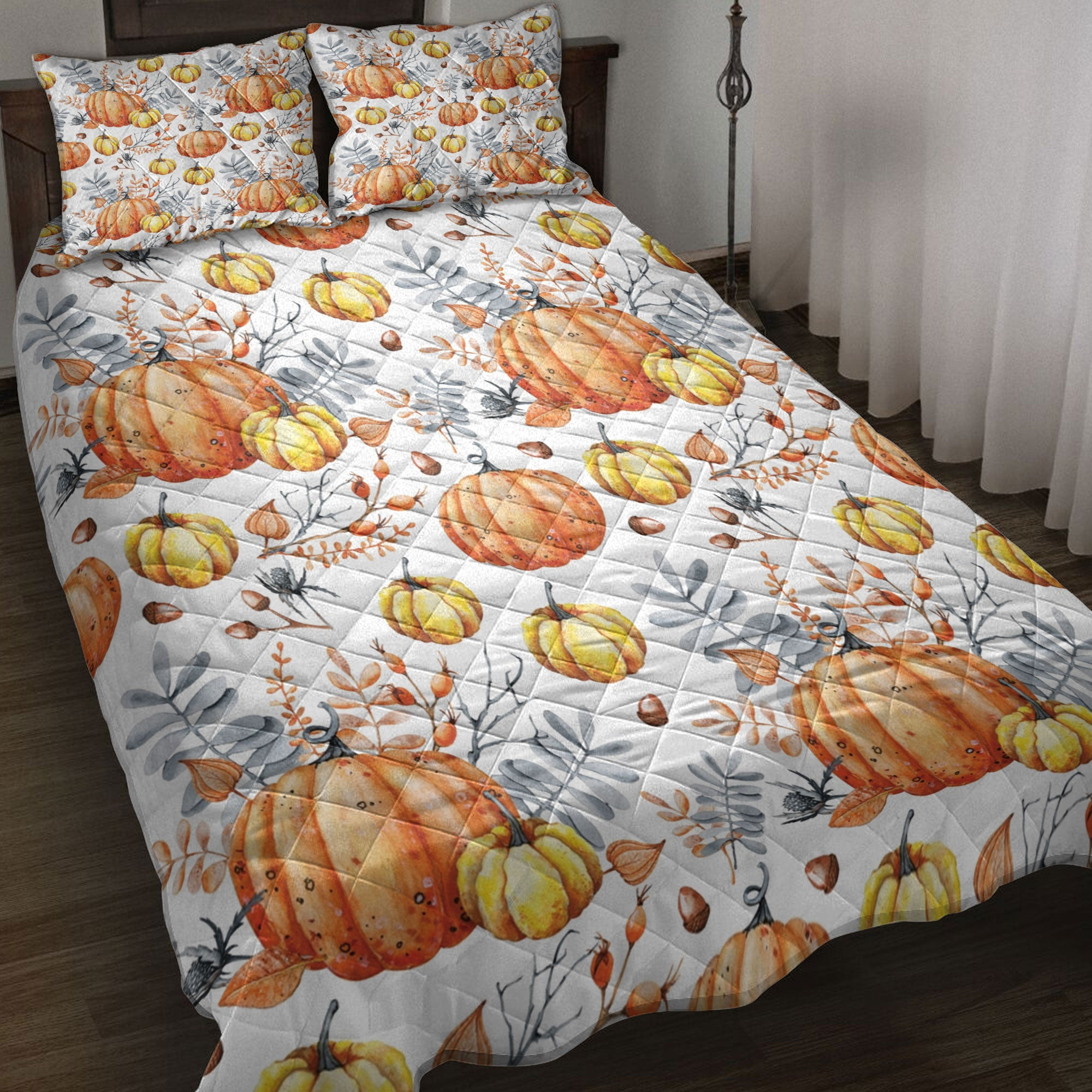 Quilt Bedding Set, Fall Autumn Pumpkins Fall Leaves Harves Leaves Autumn Thanksgiving Holiday Quilt Blanket With Pillowcases, Duvet Cover Set, Autumn Gift