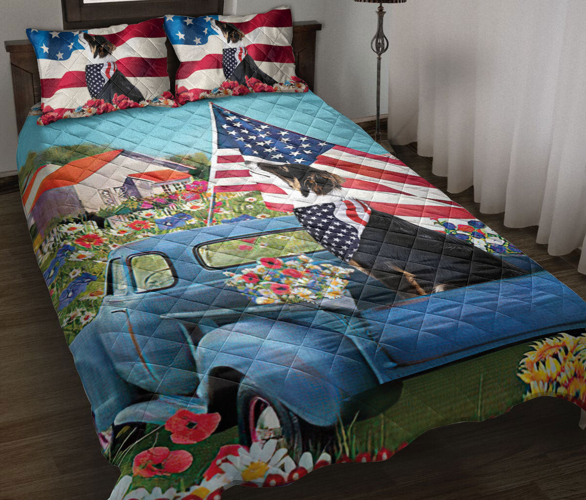 Border Collie Quilt Bedding Set, Border Collie In Car Patriotic Dog Us Flag Flower Country Road Quilt Blanket With Pillowcases, Duvet Cover Set