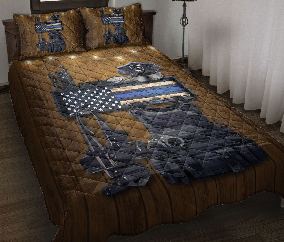 Police Quilt Bedding Set, Police Thin Blue Line Flag Back The Blue Quilt Blanket With Pillowcases, Duvet Cover Set