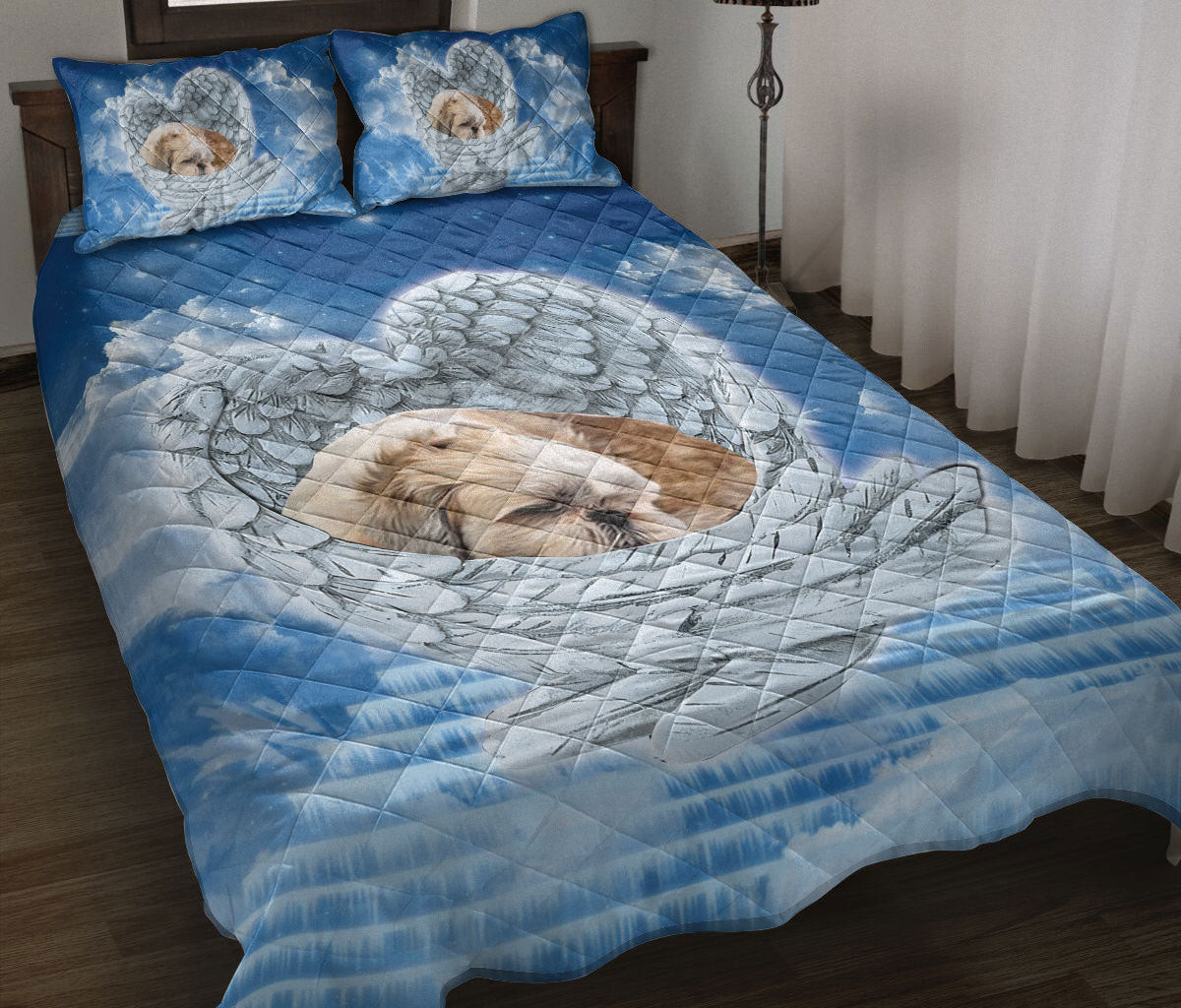 Shih Tzu Quilt Bedding Set, Shih Tzu Shitzu Sleeping Angel Wings Dog Puppy Blue Sky Quilt Blanket With Pillowcases, Duvet Cover Set