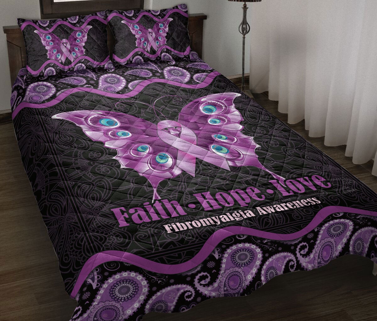 Fibromyalgia Quilt Bedding Set, Fibromyalgia Awareness Butterfly Purple Mandala Quilt Blanket With Pillowcases, Duvet Cover Set