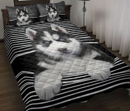 Husky Quilt Bedding Set, Husky Black And White Stripe Dog Puppy Quilt Blanket With Pillowcases, Duvet Cover Set