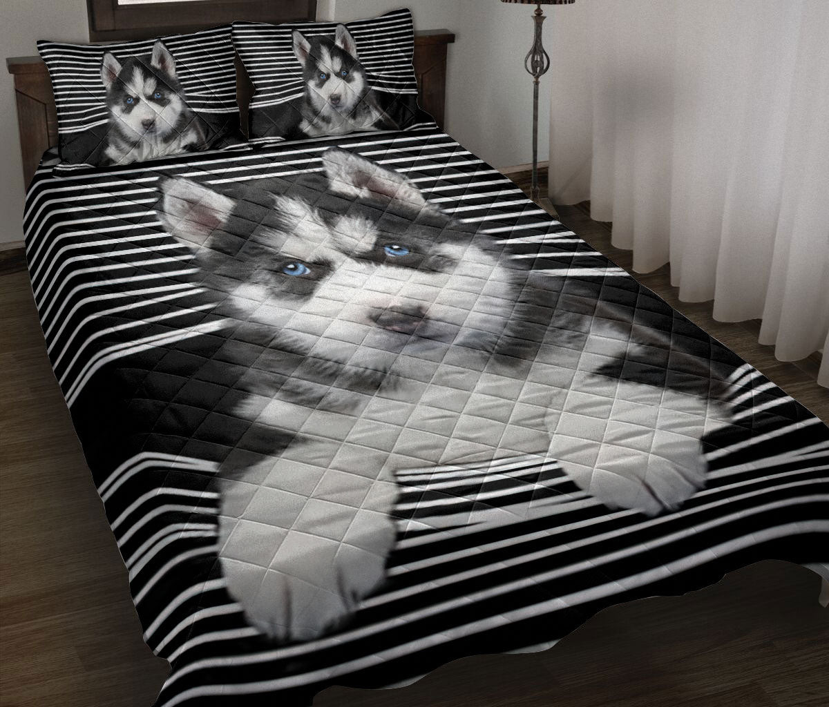 Husky Quilt Bedding Set, Husky Black And White Stripe Dog Puppy Quilt Blanket With Pillowcases, Duvet Cover Set