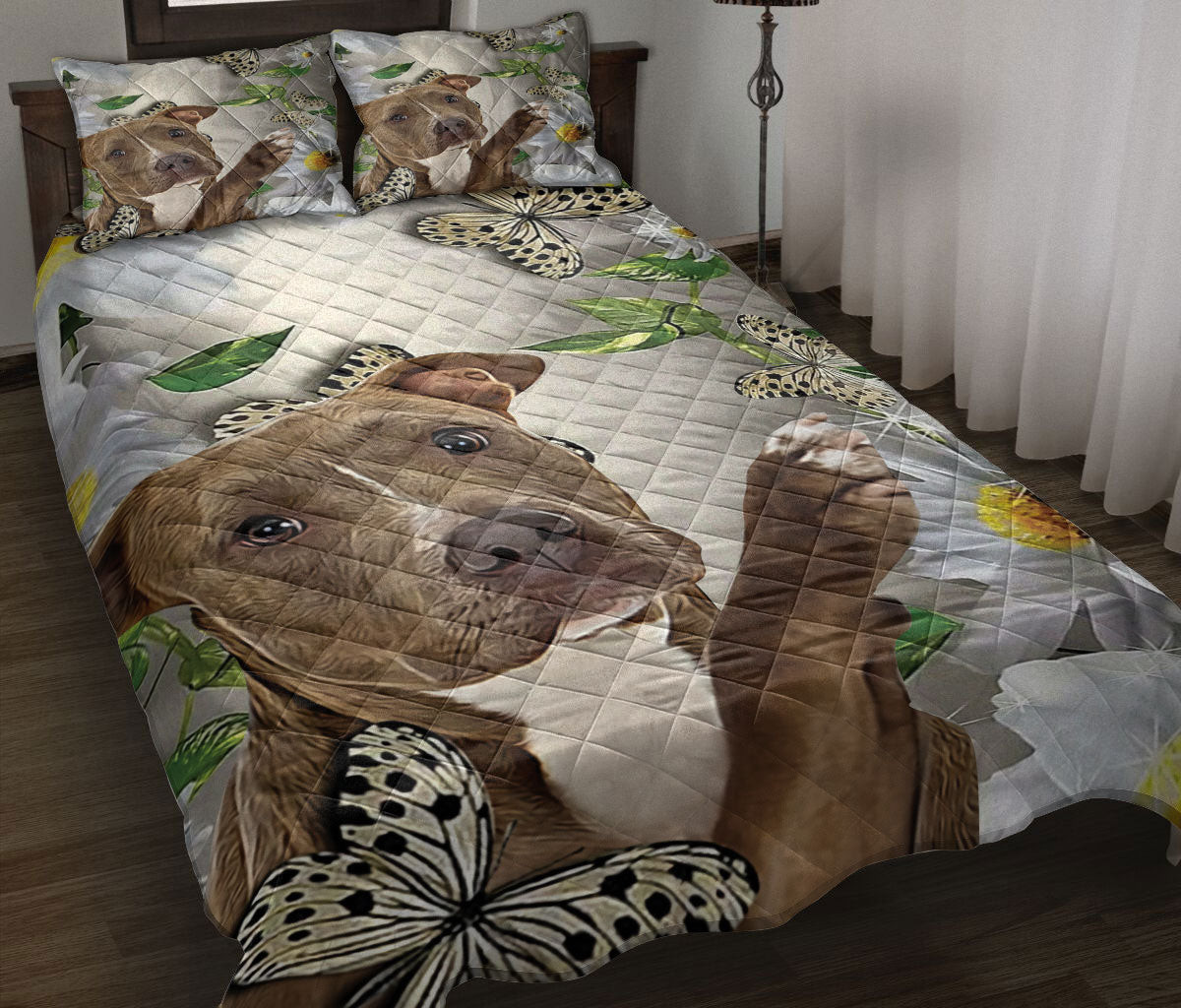 Bulldog Quilt Bedding Set, Bulldog With Butterfly And Daisy Flower Quilt Blanket With Pillowcases, Duvet Cover Set