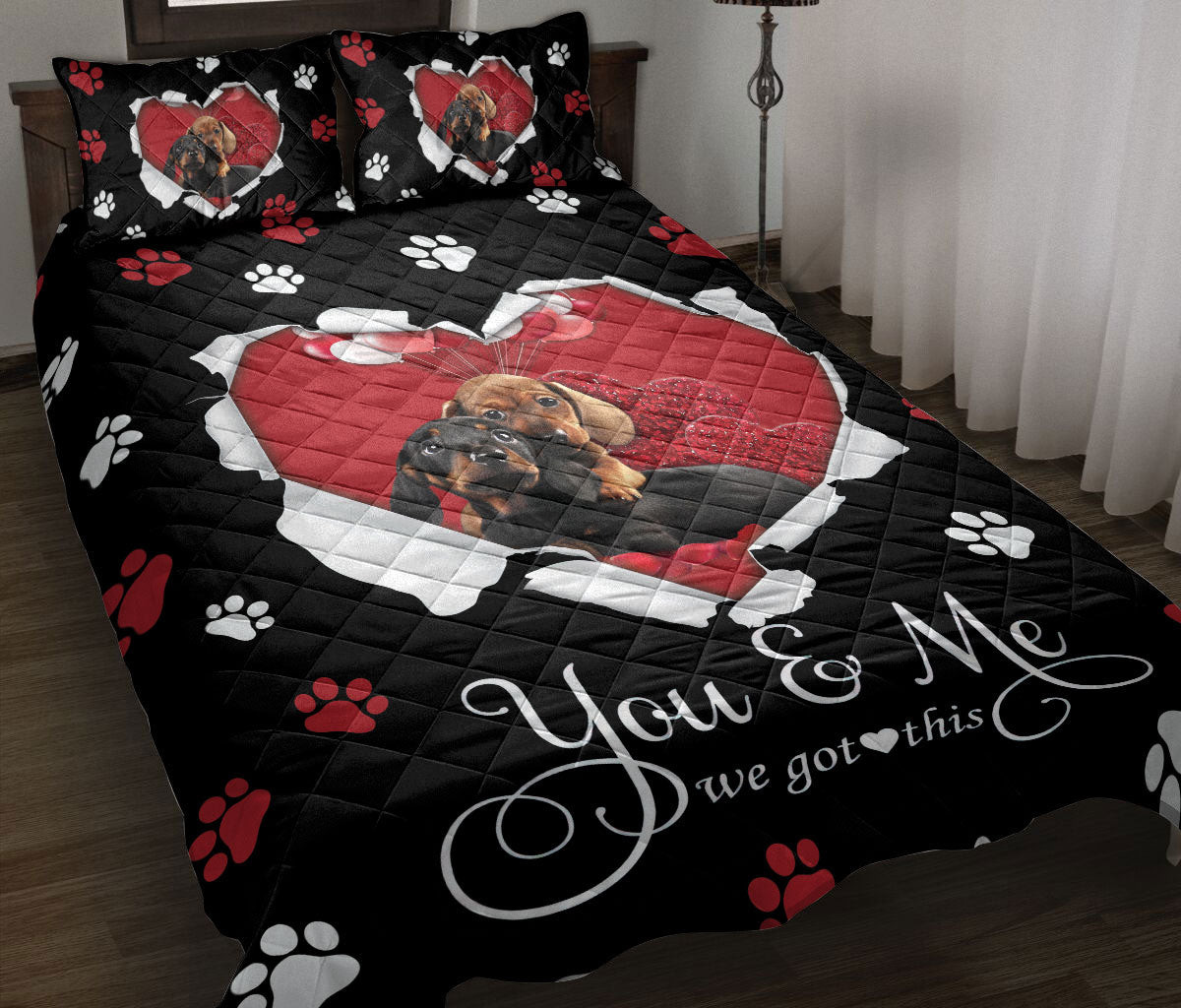 Dachshund Quilt Bedding Set, Dachshund Weiner Doxie Dog Love Adorable Heart Quilt Blanket With Pillowcases, Duvet Cover Set