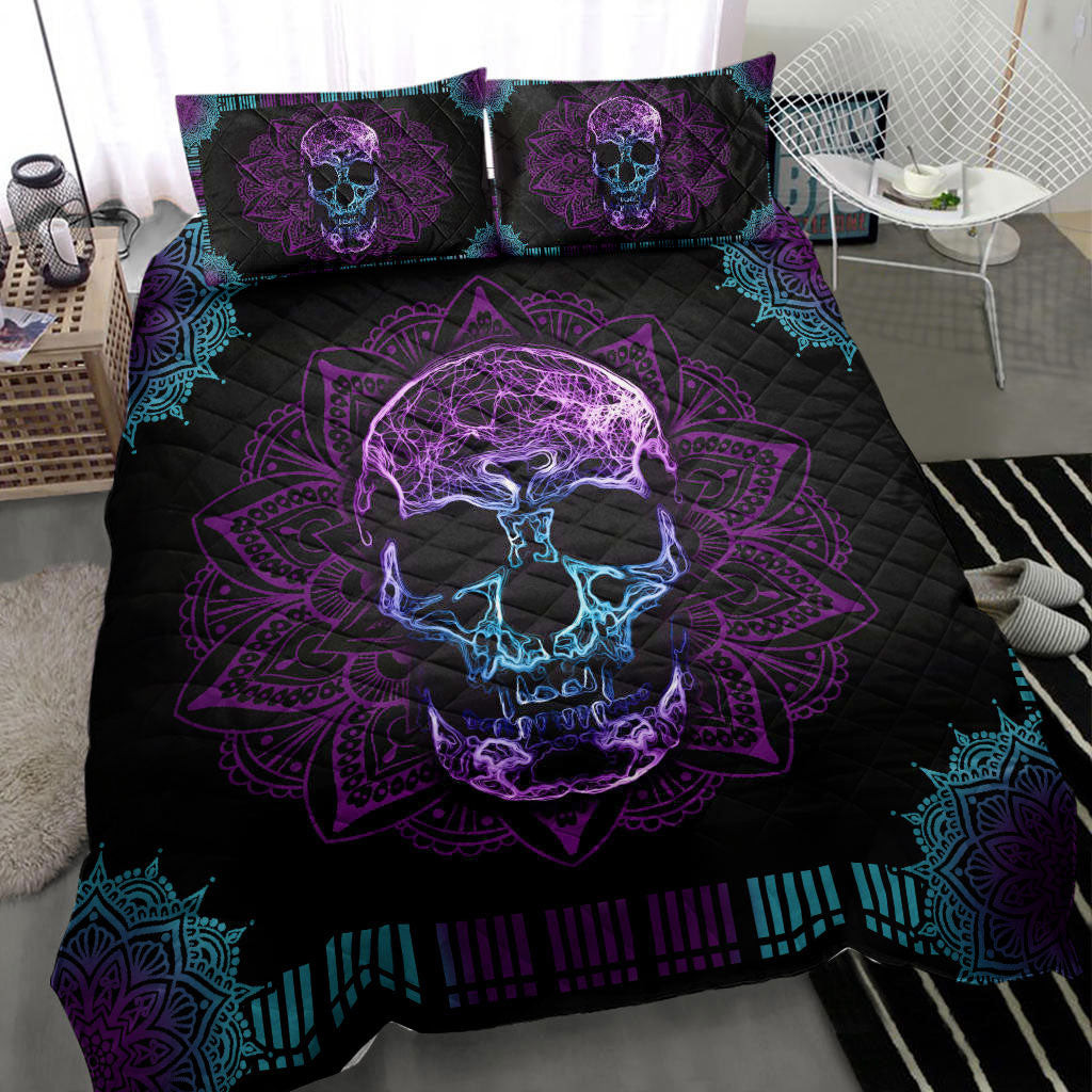 Skull Quilt Bedding Set, Purple Skull Skeleton Mandala Horror Gothic Black Quilt Blanket With Pillowcases, Duvet Cover Set