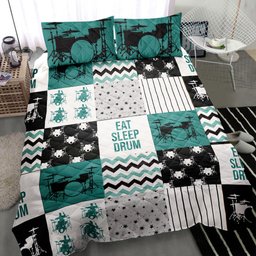 Drum Quilt Bedding Set, Eat Sleep Drums Patchwork MusicTheme Drummer Black Green Quilt Blanket With Pillowcases, Duvet Cover Set