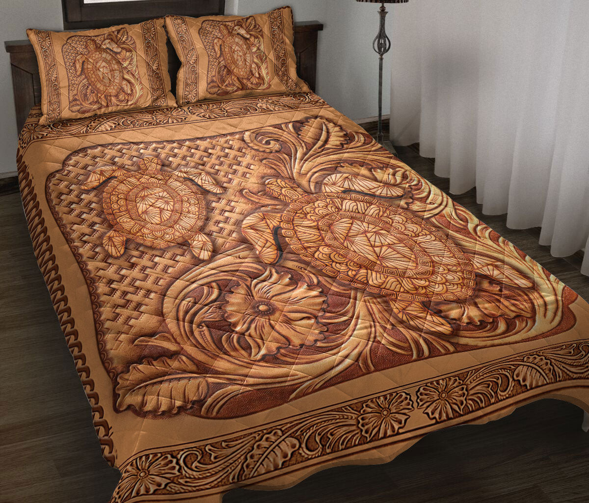 Quilt Bed Set Pillowcase Turtle Couple V?Tntage Style Sea Animal Lover Blanket Bedspread Bedding