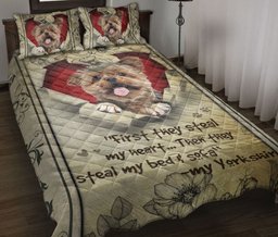 Yorkshire Quilt Bedding Set, Yorkshire Terrier Yorkie They Steal My Heart Floral Beige Dog Quilt Blanket With Pillowcases, Duvet Cover Set