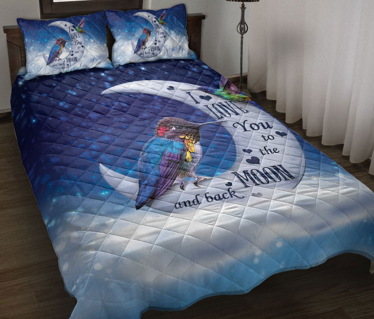 Hummingbird Quilt Bedding Set, Hummingbird I Love You To The Moon And Back Quilt Blanket With Pillowcases, Duvet Cover Set