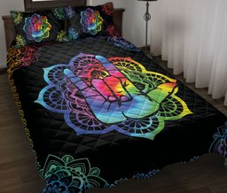 Sign Language Quilt Bedding Set, Sign Language Love Hand Rainbow Floral Mandala Black Quilt Blanket With Pillowcases, Duvet Cover Set
