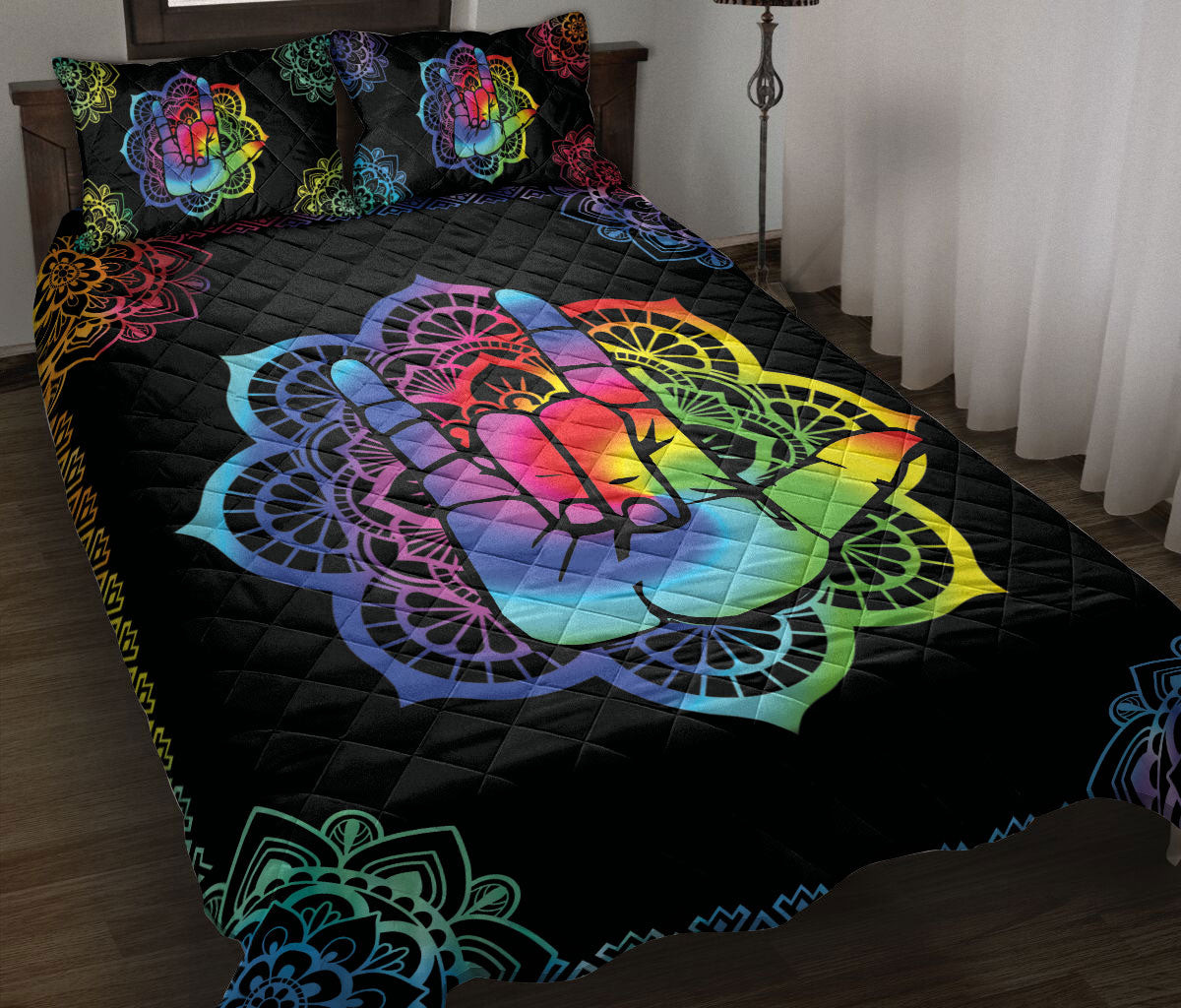 Sign Language Quilt Bedding Set, Sign Language Love Hand Rainbow Floral Mandala Black Quilt Blanket With Pillowcases, Duvet Cover Set