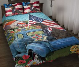 Rottweiler Quilt Bedding Set, Rottweiler In Car Patriotic Dog Us Flag Flower Spring Country Road Quilt Blanket With Pillowcases, Duvet Cover Set