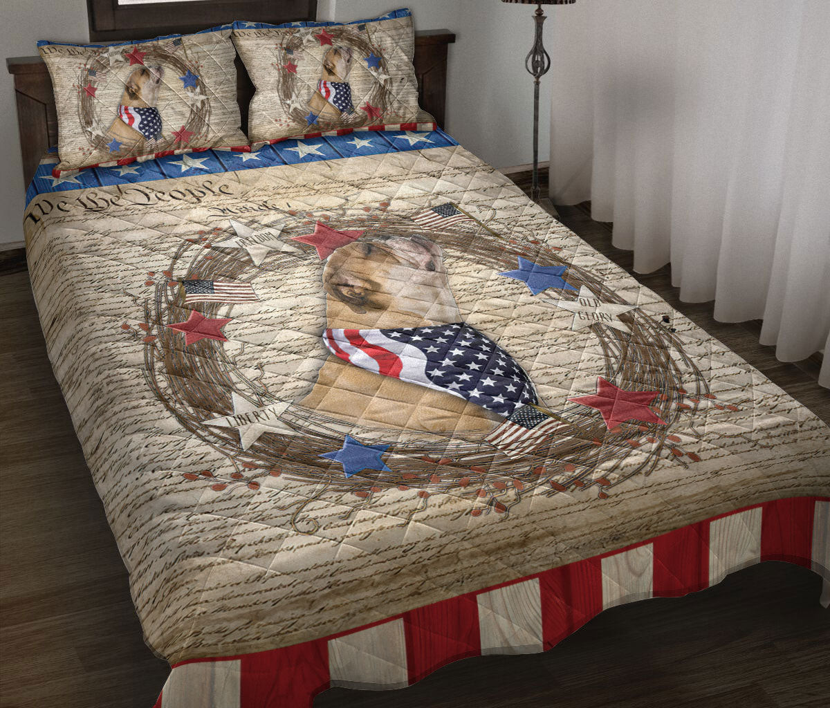 Bulldog Quilt Bedding Set, Bulldog Dog We The People Patriotic Quilt Blanket With Pillowcases, Duvet Cover Set