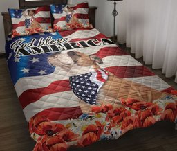 Bulldog Quilt Bedding Set, English Bulldog Patriotic Dog God Bless Us Flag Quilt Blanket With Pillowcases, Duvet Cover Set