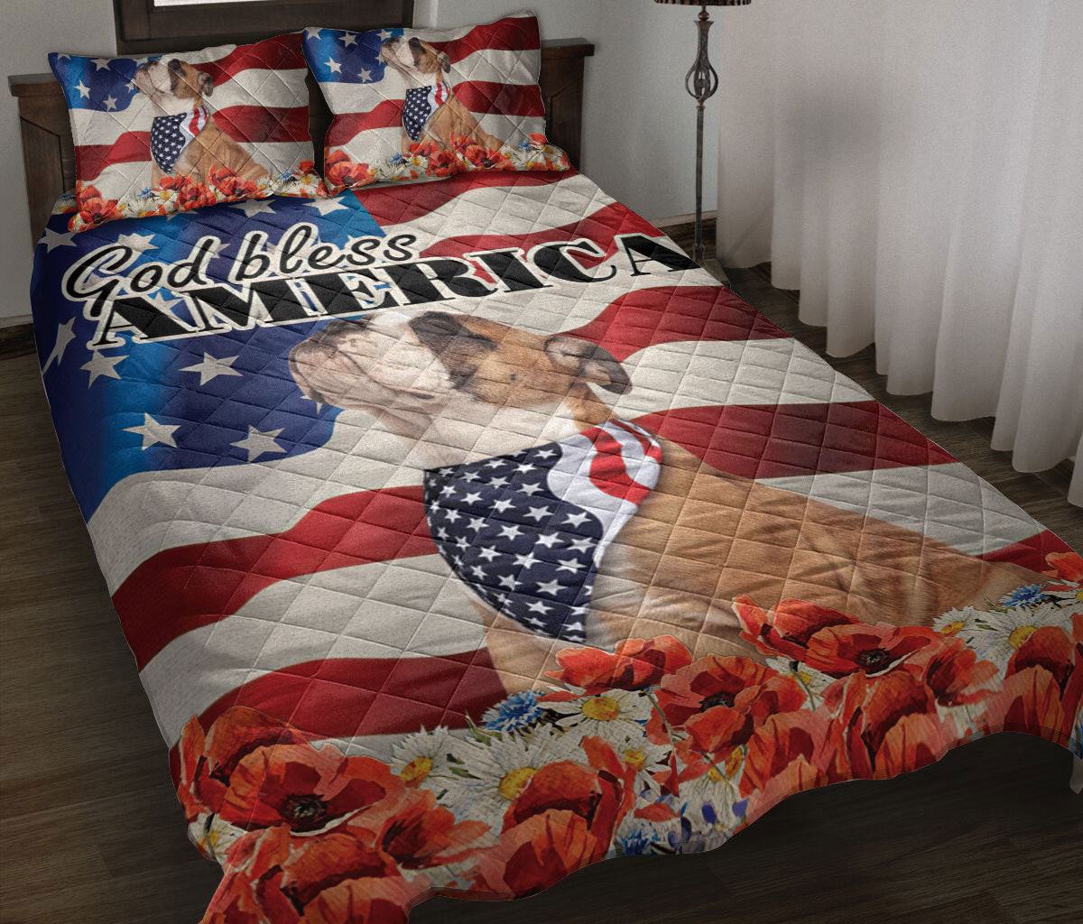Bulldog Quilt Bedding Set, English Bulldog Patriotic Dog God Bless Us Flag Quilt Blanket With Pillowcases, Duvet Cover Set