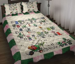 Gardening Quilt Bedding Set, Garden Flower Tree MusicNote Gardenings Green Beige Quilt Blanket With Pillowcases, Duvet Cover Set