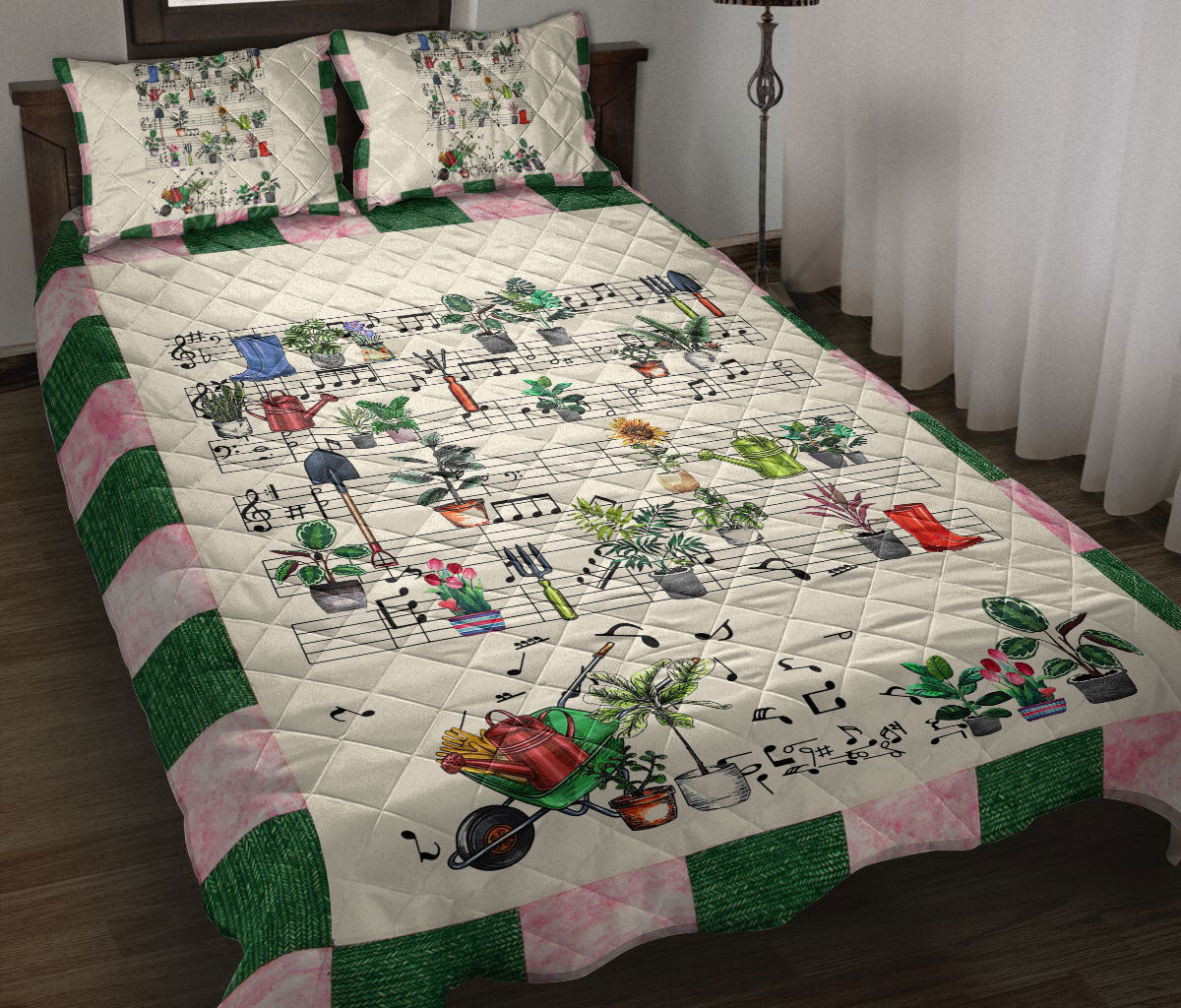 Gardening Quilt Bedding Set, Garden Flower Tree MusicNote Gardenings Green Beige Quilt Blanket With Pillowcases, Duvet Cover Set