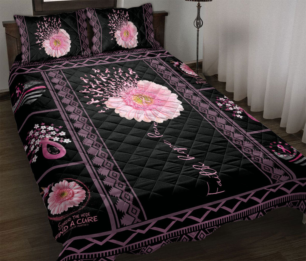 Breast Cancer Quilt Bedding Set, Patchwork Pink Flower Breast Cancer Awareness Black Quilt Blanket With Pillowcases, Duvet Cover Set