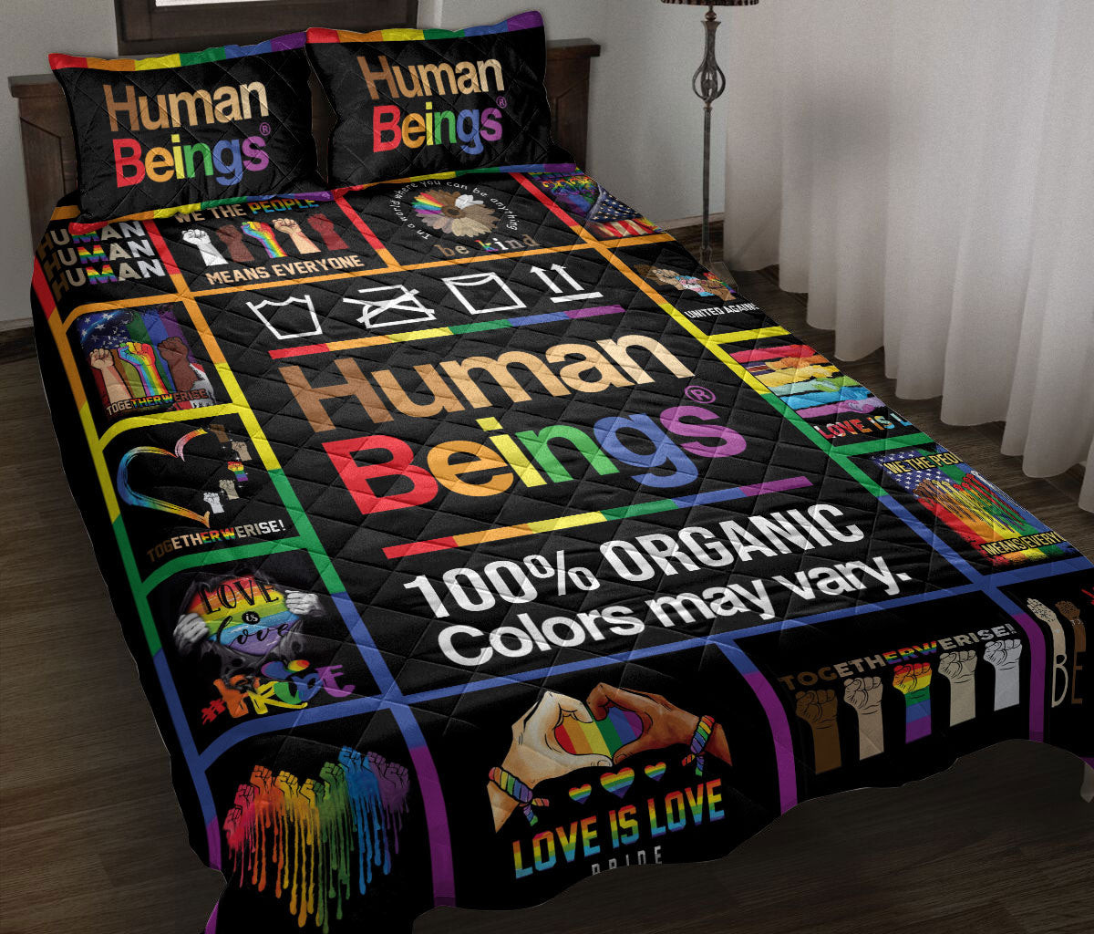 LGBT Quilt Bedding Set, Patchwork Human Being Lgbt Pride Rainbow Love Is Love Heart Quilt Blanket With Pillowcases, Duvet Cover Set