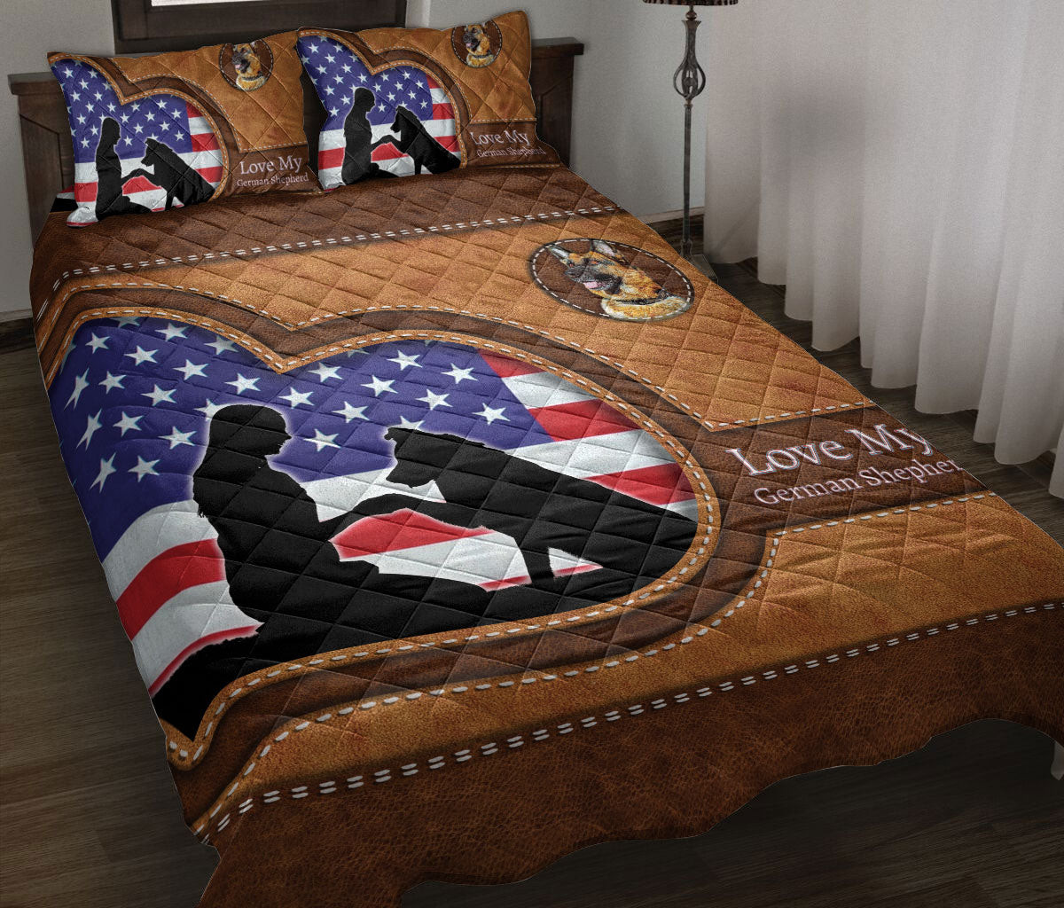 German Shepherd Quilt Bedding Set, Love My German Shepherd Dog Dog Owner Heart Quilt Blanket With Pillowcases, Duvet Cover Set