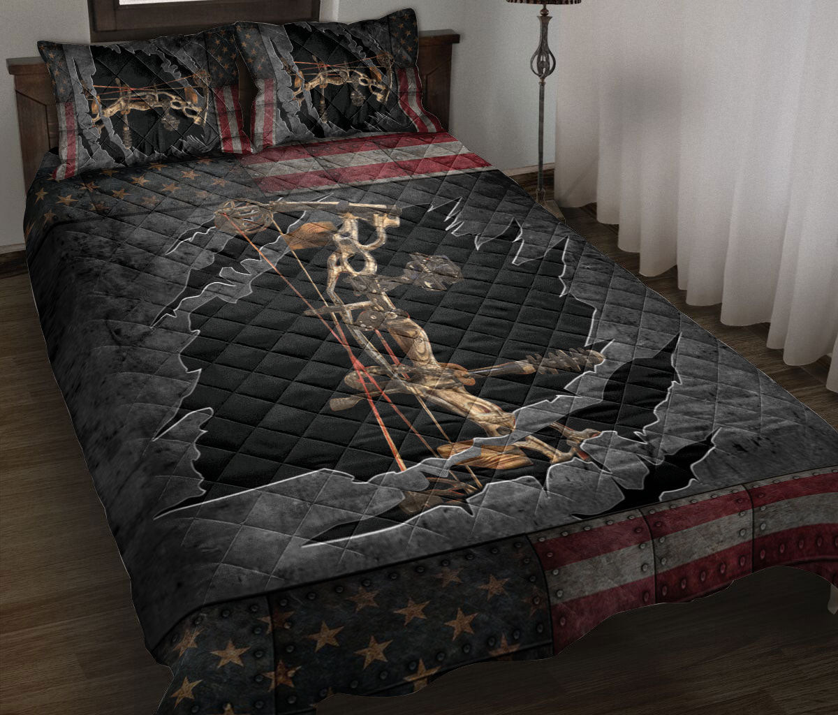 Hunting Quilt Bedding Set, Archery Light Us Flag Bow Hunting Quilt Blanket With Pillowcases, Duvet Cover Set