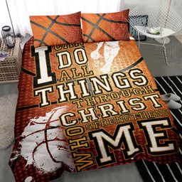 Basketball Quilt Bedding Set, Christian Basketball I Can Do All Things Orange Quilt Blanket With Pillowcases, Duvet Cover Set