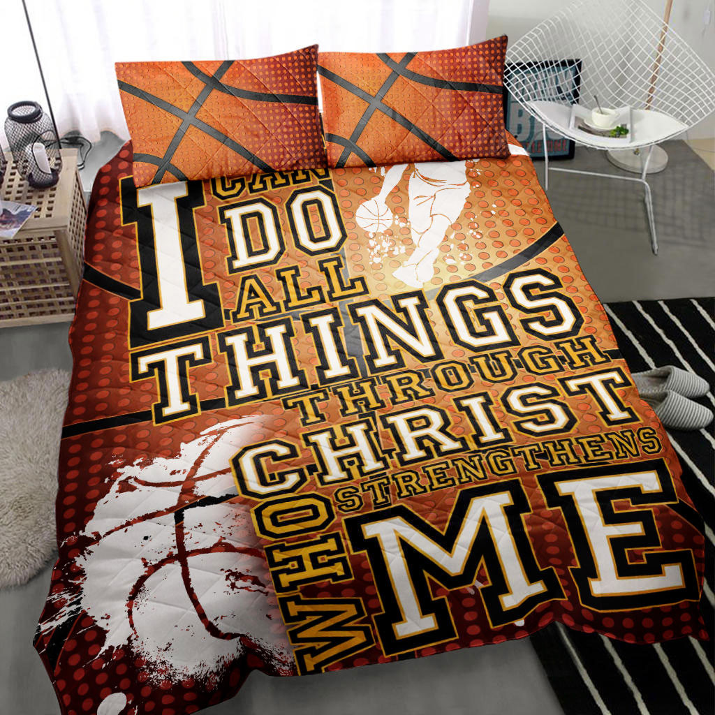 Basketball Quilt Bedding Set, Christian Basketball I Can Do All Things Orange Quilt Blanket With Pillowcases, Duvet Cover Set