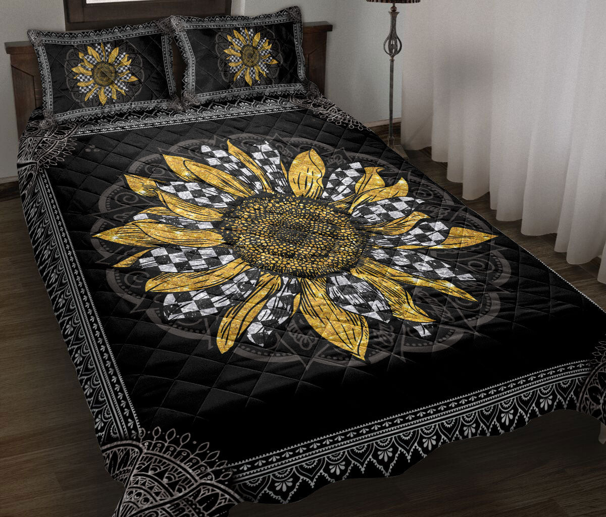 Racing Quilt Bedding Set, Racing Racer Checkered Sunflower Mandala Floral Leaf Quilt Blanket With Pillowcases, Duvet Cover Set