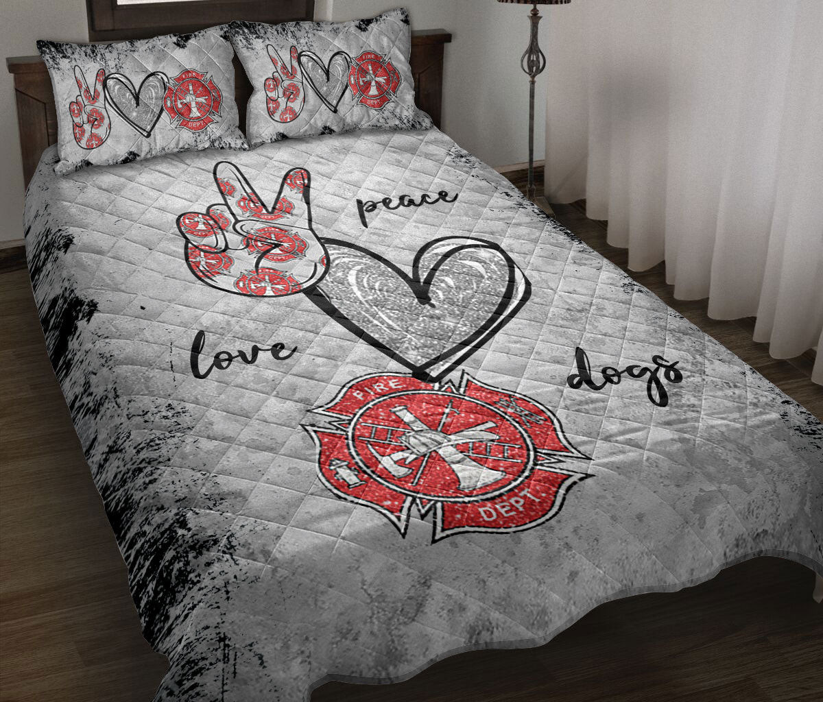 Firefighter Quilt Bedding Set, Firefighter Peace Love Back The Red Thin Red Line Grey Quilt Blanket With Pillowcases, Duvet Cover Set