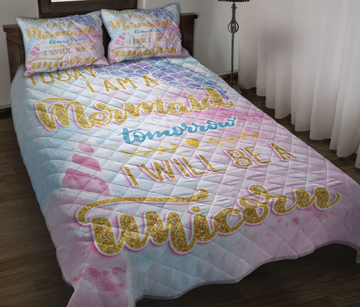 Unicorn Quilt Bedding Set, Sea Ocean Beach Mermaid Tail Unicorn Pink Quilt Blanket With Pillowcases, Duvet Cover Set