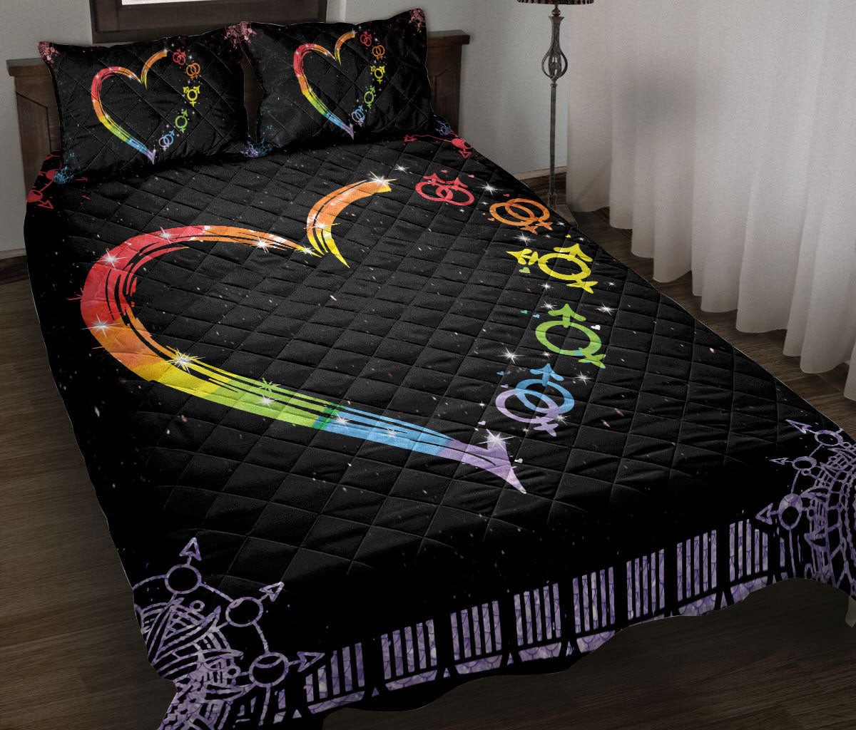LGBT Quilt Bedding Set, Lgbt Pride Rainbow Heart Mandala Gay Bisexual Transgender Lesbian Symbol Sign Quilt Blanket With Pillowcases, Duvet Cover Set