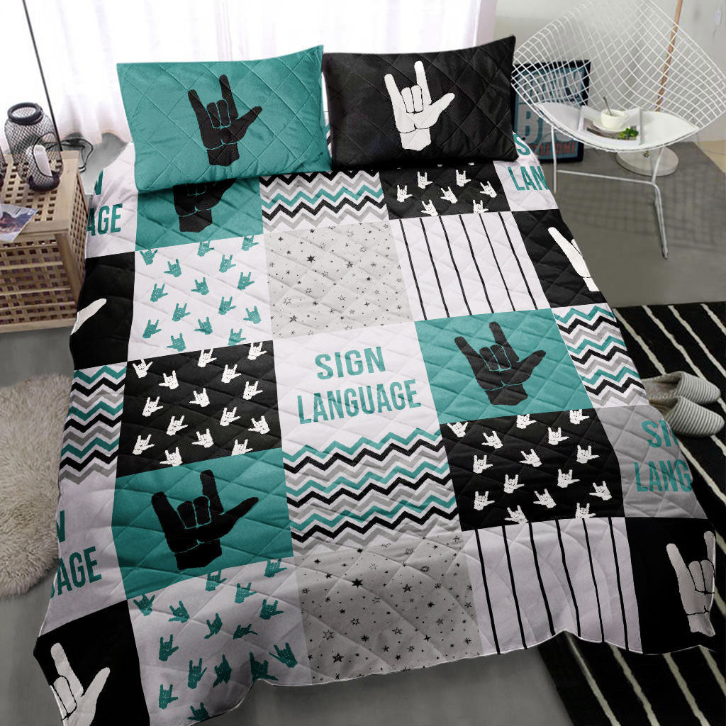 Sign Language Quilt Bedding Set, Nonverbal Sign Language Hand Sign Black Green Patchwork Quilt Blanket With Pillowcases, Duvet Cover Set